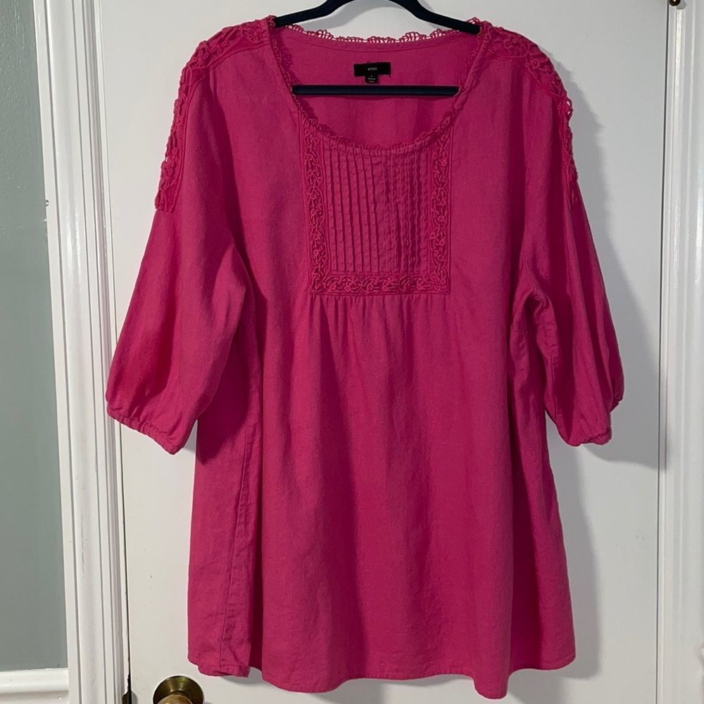 Ellos linen rayon blend pink tunic with crochet lace trim and Pintucks size 1X